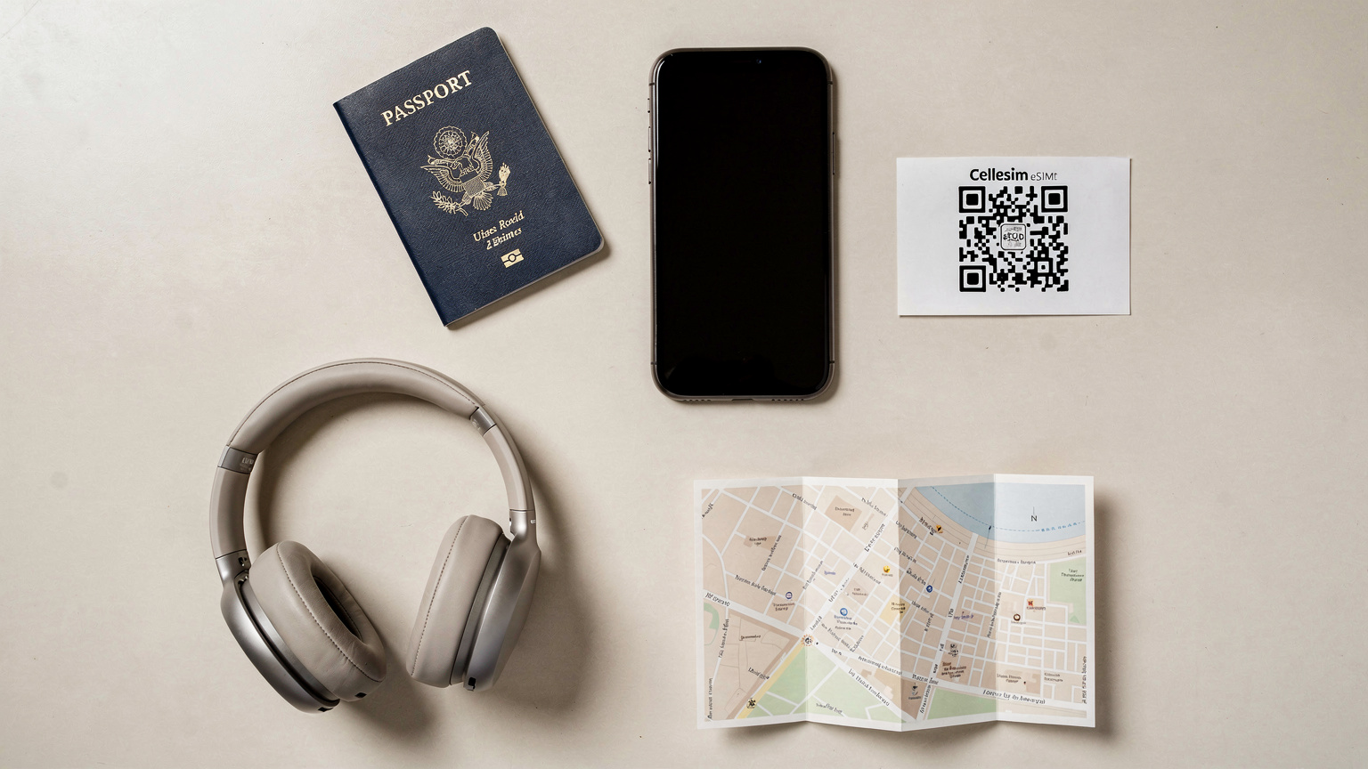 An overhead flat-lay shot of travel essentials: a passport, a smartphone with a Cellesim eSIM QR code visible on a paper, noise-cancelling headphones, and a small map of Rome, all neatly arranged on a light-colored hotel room desk.