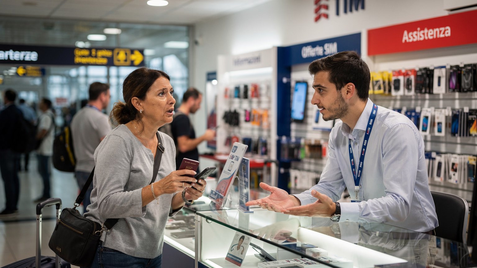 A tourist looking confused while trying to communicate with a TIM store employee at a busy Italian airport, holding their passport and phone.