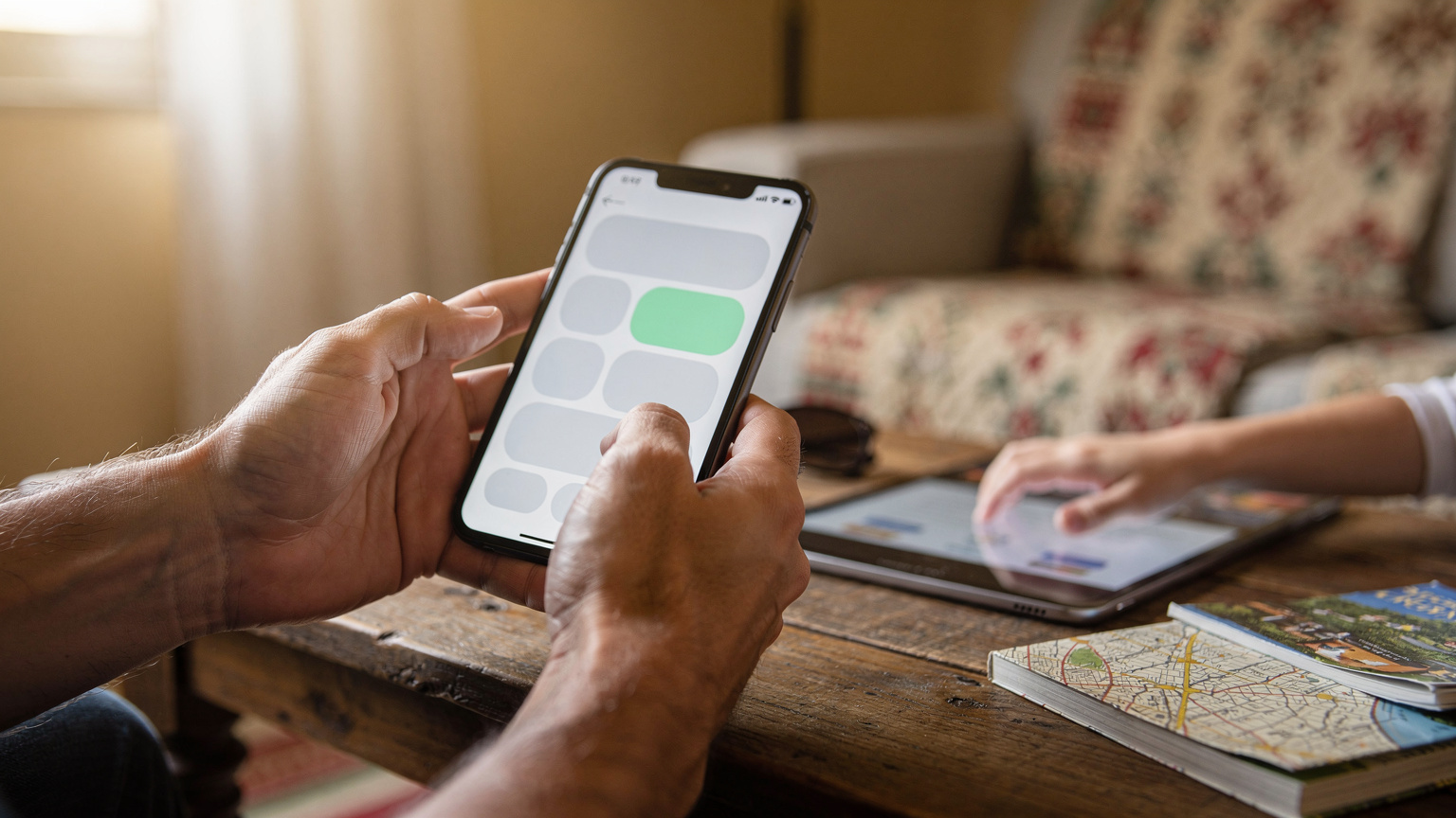 A parent's hands holding a smartphone, with the screen displaying a 'Screen Time' or 'Parental Controls' settings menu, while a child's hand reaches for an iPad in the background.