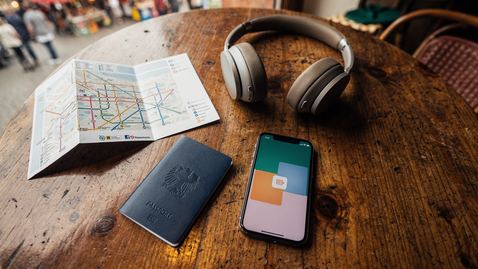 An editorial overhead flat-lay shot featuring a passport, a smartphone showing the Cellesim app, noise-canceling headphones, and a local transit map, all arranged on a rustic wooden table in a bustling European market café.