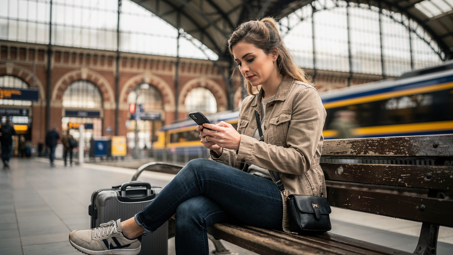 A traveler diligently searches for Holafly discount codes on their smartphone, sitting comfortably on a bench at Amsterdam Centraal Station, surrounded by the hustle and bustle of arriving and departing trains.