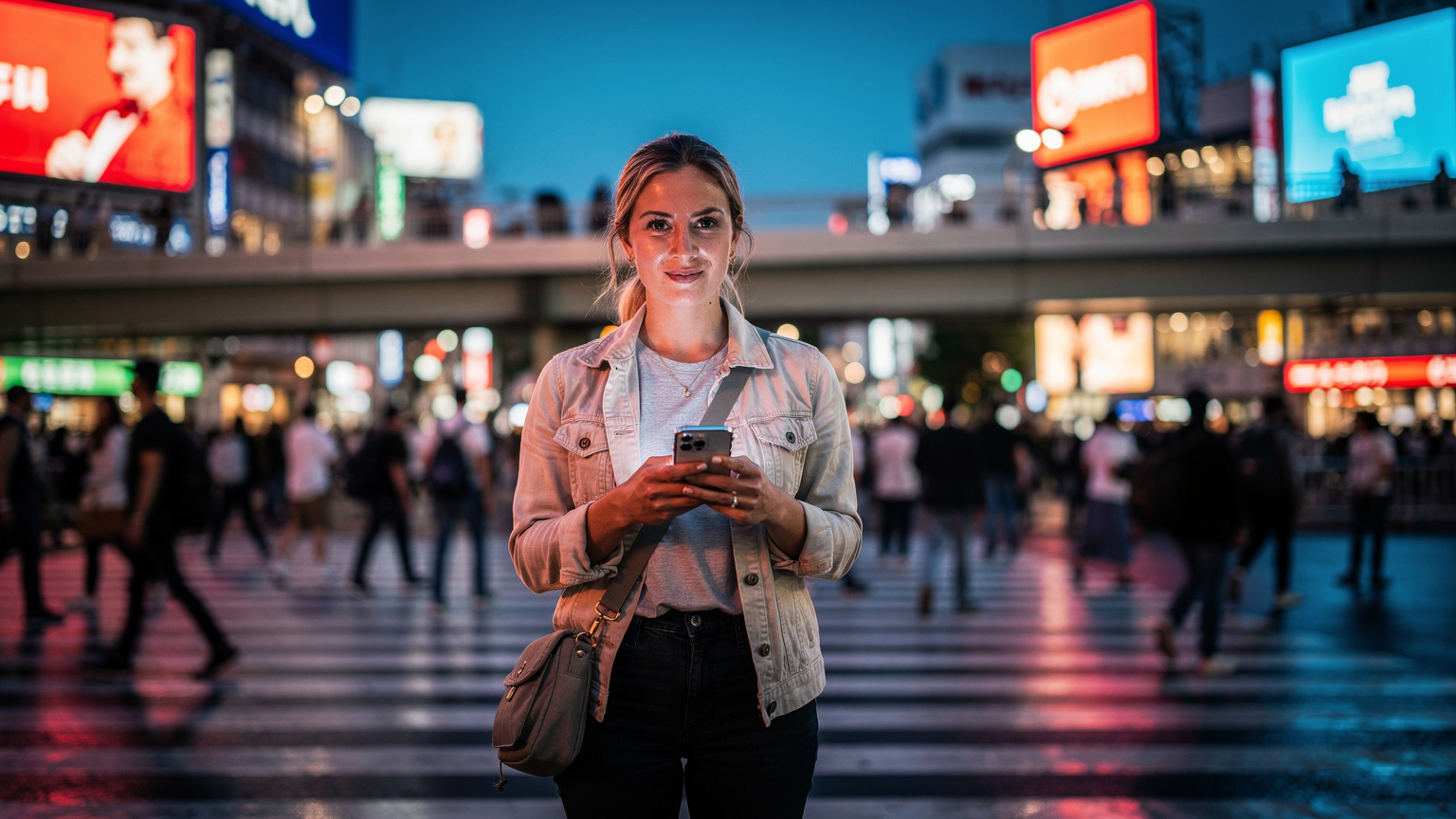 A traveler in a crowded Shibuya crossing in Tokyo, Japan, looking at their phone with a relieved expression after successfully activating their eSIM and getting a strong signal, showcasing the seamless connectivity Cellesim offers.