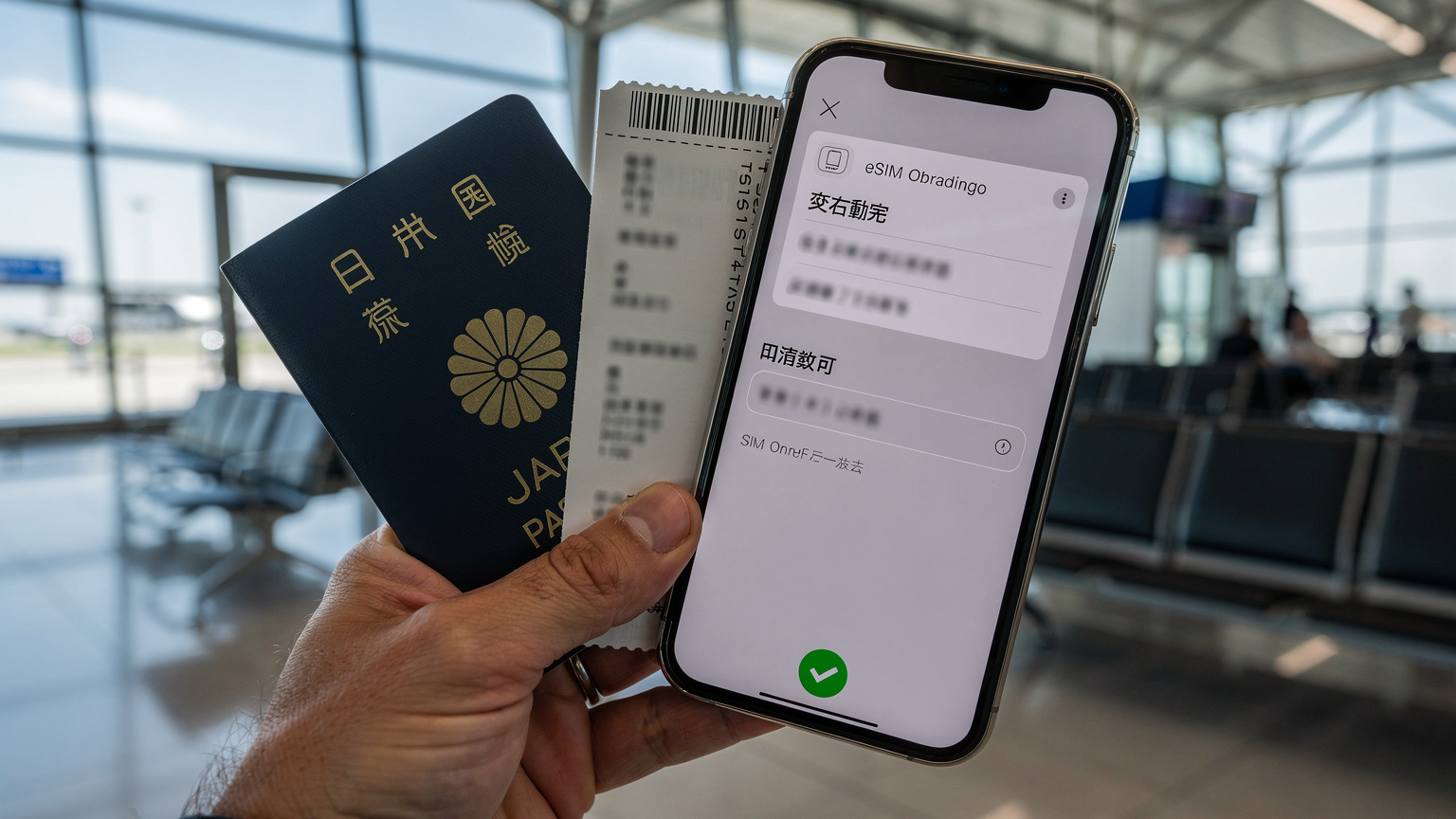 A traveler's hand holding a crisp, new Japanese passport, a boarding pass, and a smartphone displaying an active eSIM profile with a checkmark, ready for immediate use at Narita Airport.