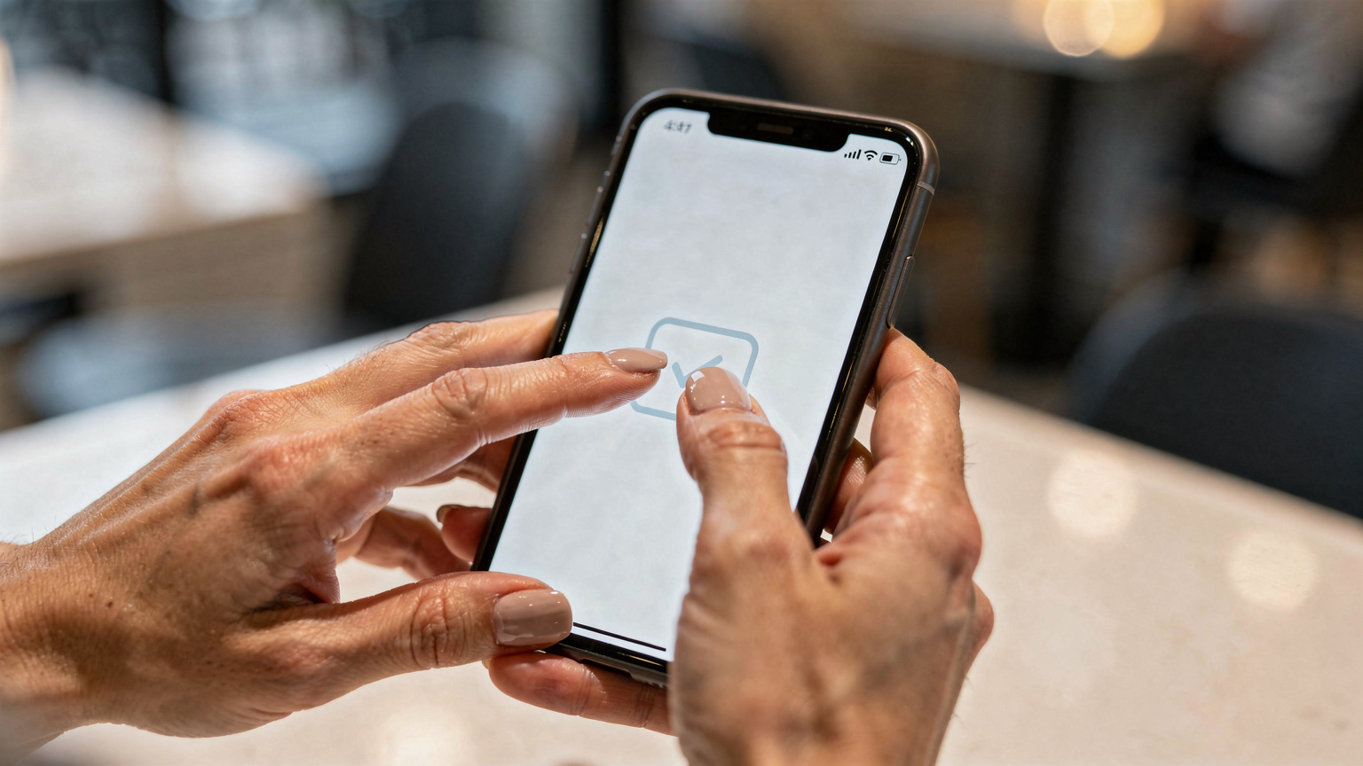 A close-up shot of human hands interacting with a smartphone, showing the gesture of tapping on an eSIM activation interface without revealing specific screen content, against a blurred background.