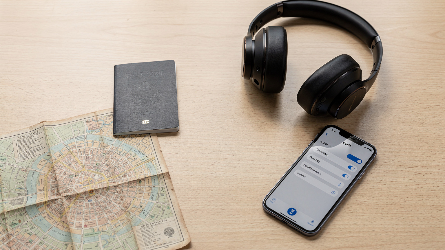 An elegant overhead flat-lay composition of a passport, a pair of premium noise-canceling headphones, a vintage physical map, and a smartphone prominently displaying an eSIM settings screen, arranged on a light wooden desk.