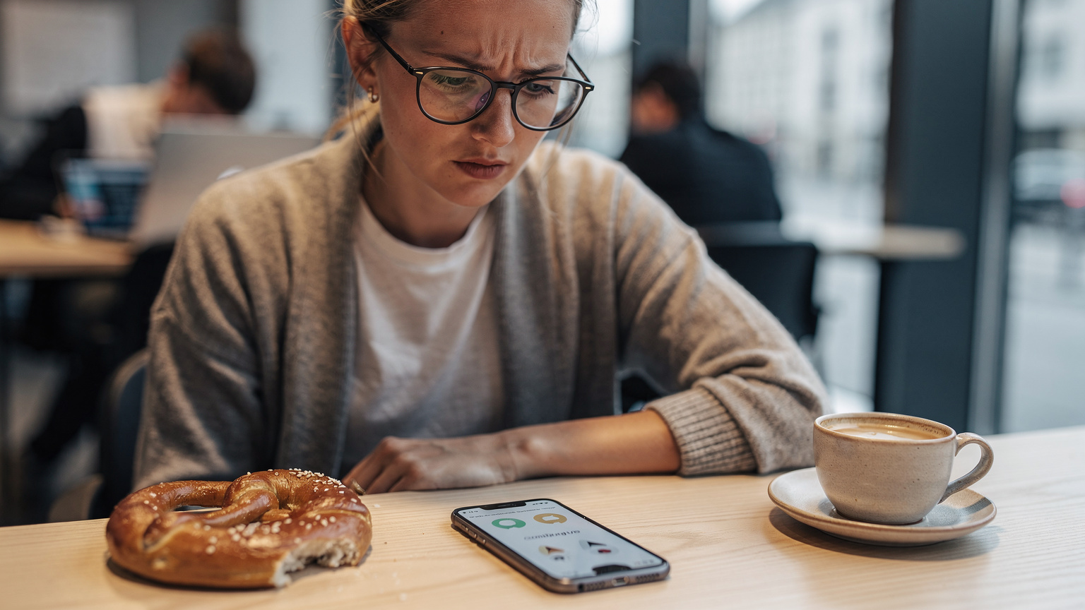 A digital nomad in a co-working space in Berlin, looking concerned at her iPhone screen which shows an eSIM activation error, with a half-eaten Brezel and coffee on the table.