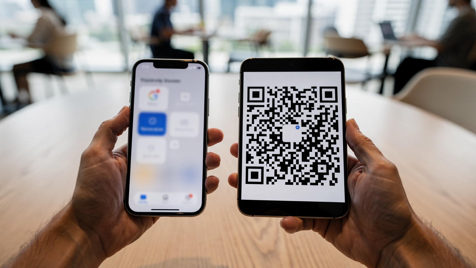 A close-up of human hands, one holding an iPhone on the 'Add eSIM' screen, while the other holds a second smartphone displaying a clear QR code ready to be scanned, set against a blurred co-working space backdrop.