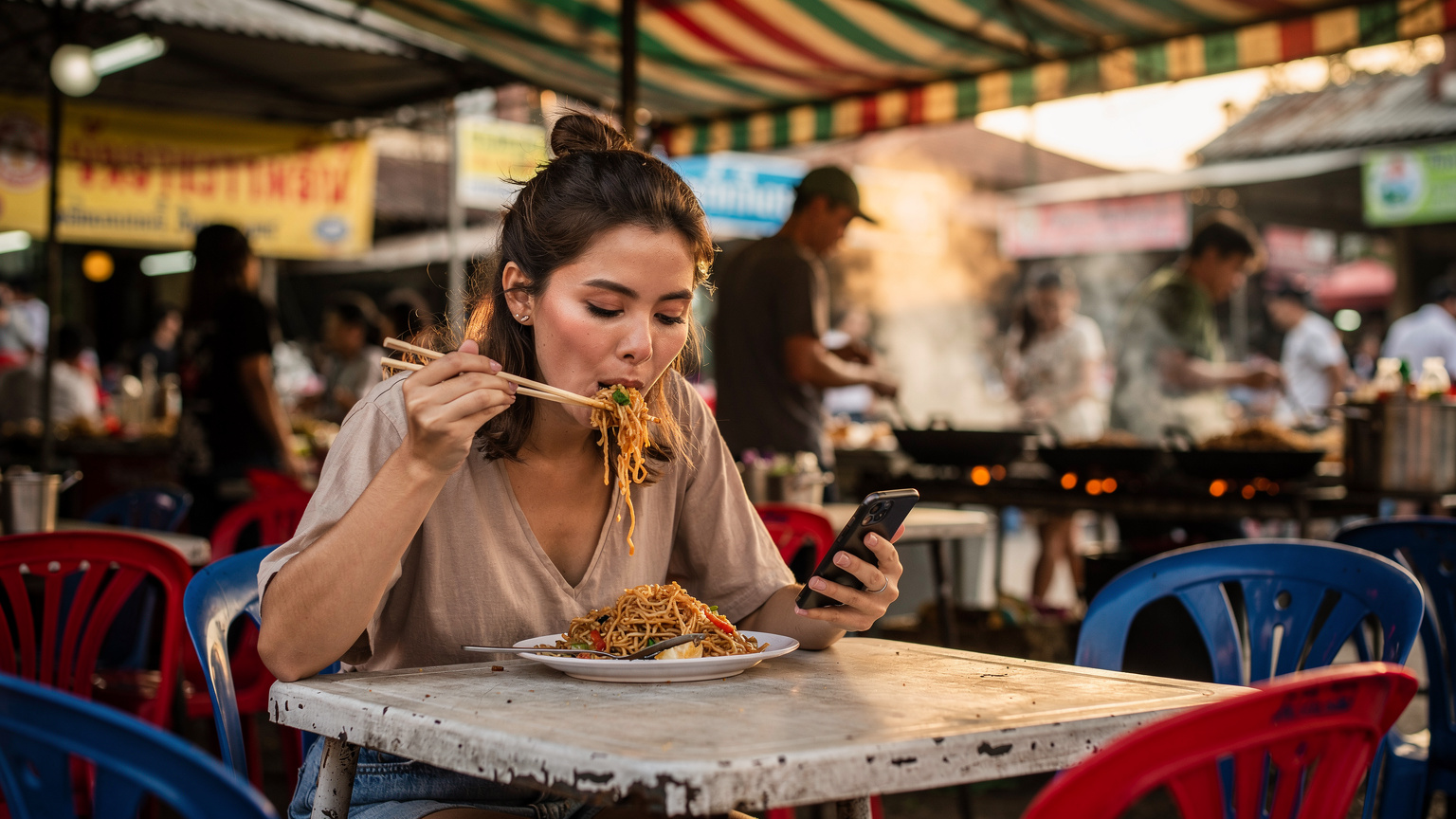 A digital nomad sits at a vibrant street food stall in Chiang Mai, Thailand, eating Pad Thai and discreetly checking her phone for connectivity, capturing the blend of travel and staying connected.