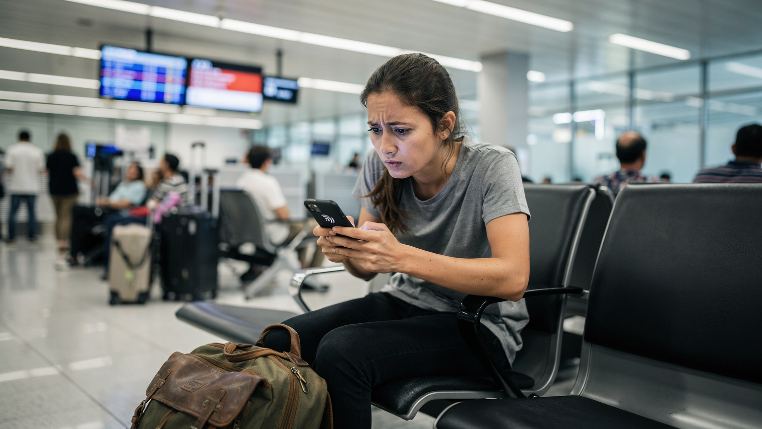 A traveler looking concerned at their iPhone screen, which shows no signal, while sitting at a departure gate in a bustling international airport, conveying the stress of lacking connectivity.