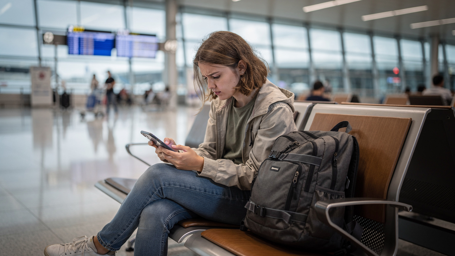 Un voyageur à l'aéroport de Bangkok, l'air perplexe devant son téléphone, essayant de résoudre un problème de connexion.