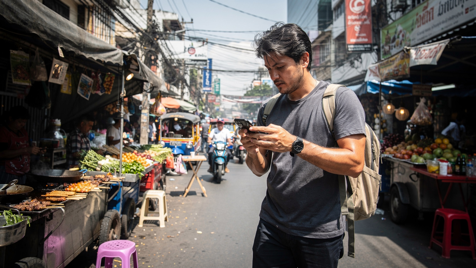 Un voyageur consulte son téléphone pour trouver son chemin dans les rues animées de Bangkok, l'eSIM lui assurant une connexion fiable.