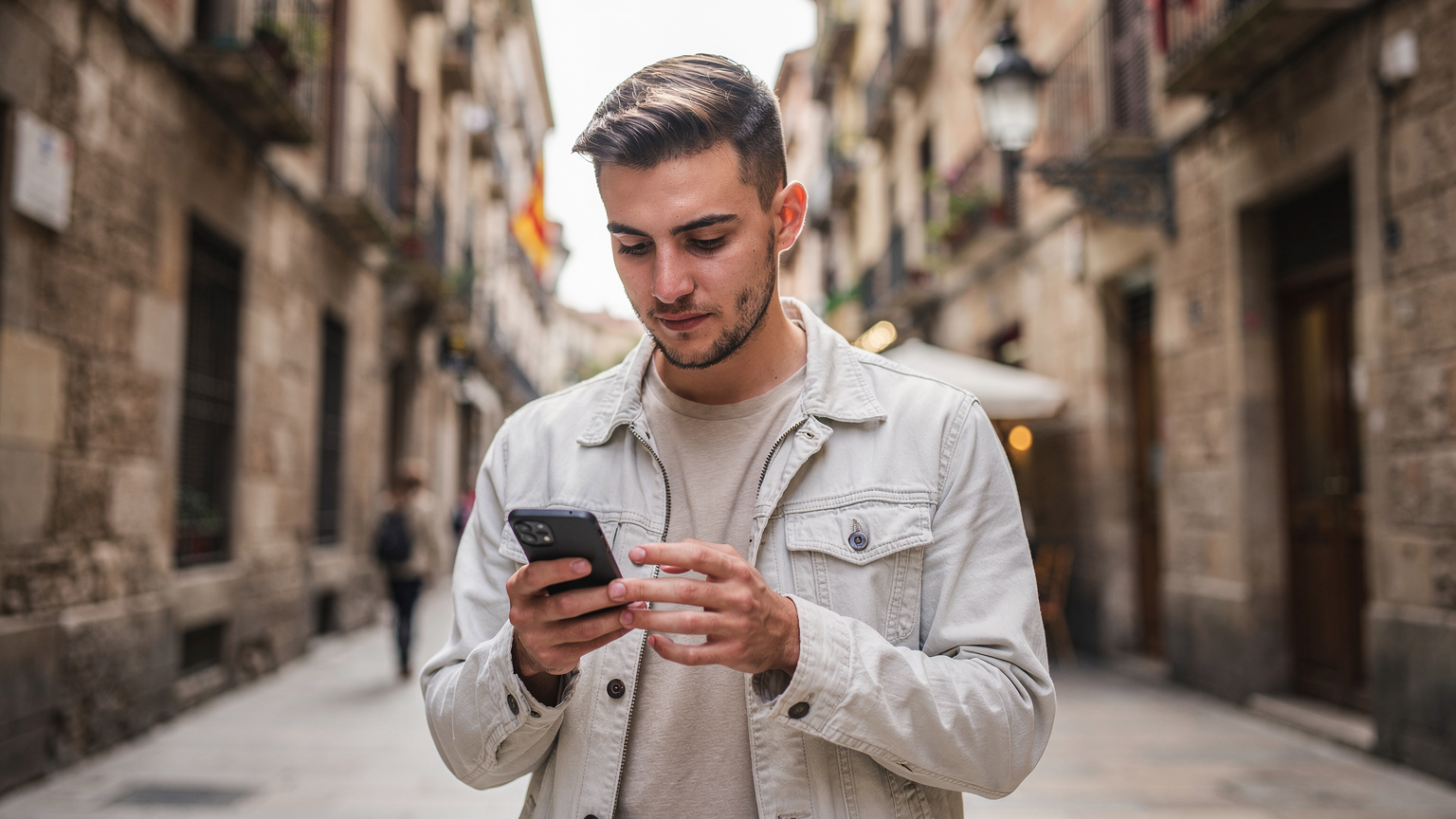 Un hombre joven consulta un mapa en su Google Pixel mientras camina por una calle empedrada en el barrio gótico de Barcelona, con edificios antiguos de fondo.