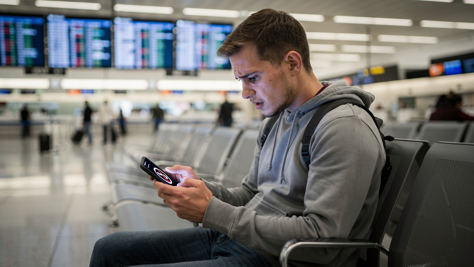 Un viajero estresado mira su smartphone con un mensaje de error o falta de servicio en una abarrotada terminal de aeropuerto, con pantallas de vuelos de fondo.