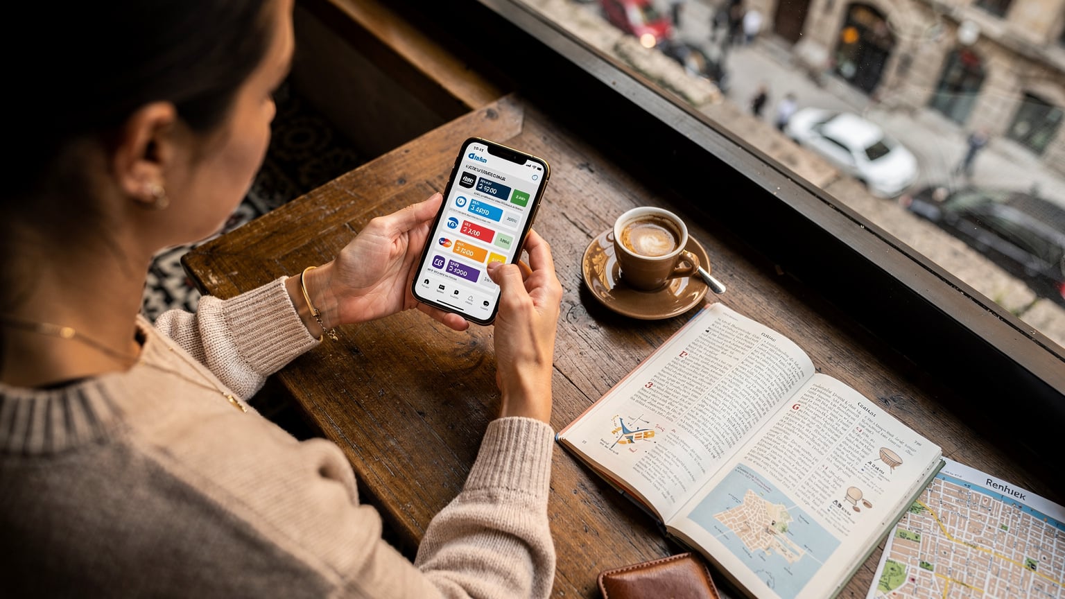Bir kafede, telefon ekranında farklı eSIM sağlayıcılarının fiyatlarını karşılaştıran bir anne, yanında kahvesi ve açık bir seyahat rehberi duruyor.