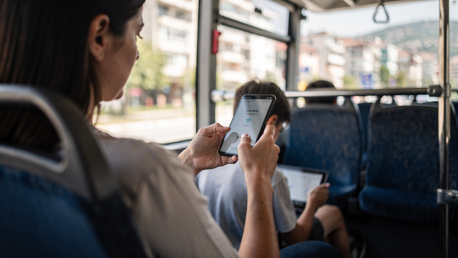 Bir annenin eli, otobüs yolculuğu sırasında arka koltukta oturan çocuğunun tabletine Wi-Fi hotspot bağlantısı kurarken gösteriliyor, çocuğun yüzü belli belirsiz görünüyor.