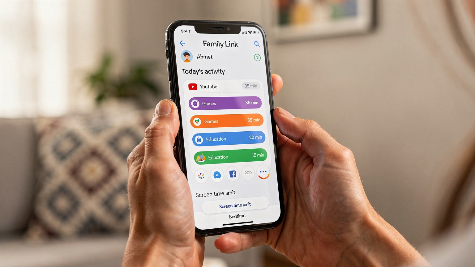 Bir annenin akıllı telefonunda Google Family Link uygulamasının ekran görüntüsü, çocuklarının uygulama kullanım sürelerini gösteriyor. Odak, uygulamanın arayüzünde.