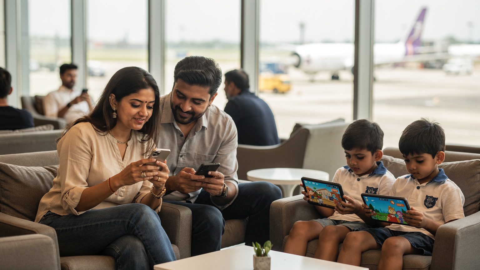 एक भारतीय परिवार मुंबई में एक व्यस्त हवाई अड्डे पर अपने Samsung Galaxy फोन पर Cellesim ऐप का उपयोग करके eSIM प्लान चुन रहा है, जबकि उनके बच्चे टैबलेट पर कार्टून देख रहे हैं.