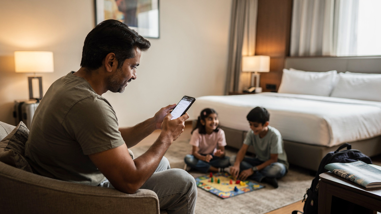 एक माता-पिता अपने Samsung Galaxy S27 Ultra फोन पर Google Maps में ऑफ़लाइन मैप डाउनलोड कर रहे हैं, जबकि उनके बच्चे होटल के कमरे में खेल रहे हैं.