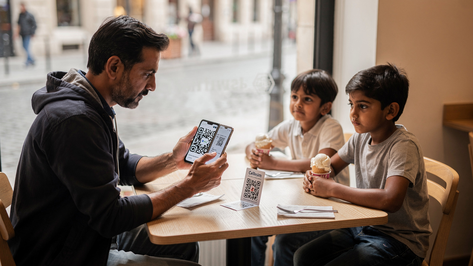 एक पिता अपने Samsung Galaxy Z Fold 7 पर एक Cellesim eSIM QR कोड को स्कैन कर रहा है, जबकि उसके बच्चे एक कैफे में अपनी आइसक्रीम का बेसब्री से इंतजार कर रहे हैं.