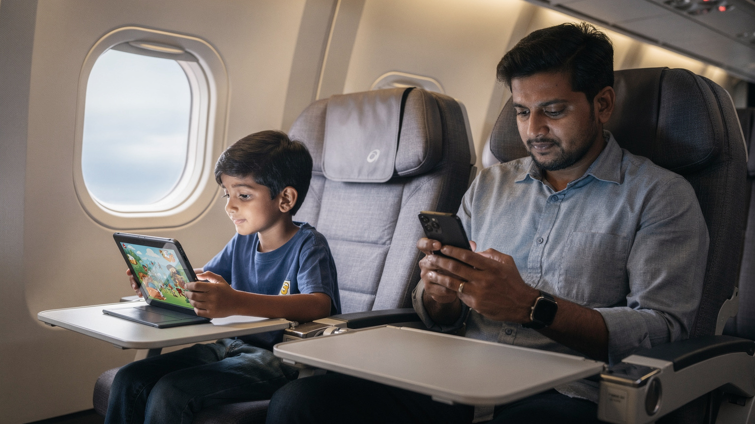 एक बच्चा हवाई जहाज की सीट पर अपने iPad पर कार्टून देख रहा है, जबकि उसके माता-पिता अपने Samsung Galaxy S27 Ultra पर eSIM सेटिंग्स की जांच कर रहे हैं.