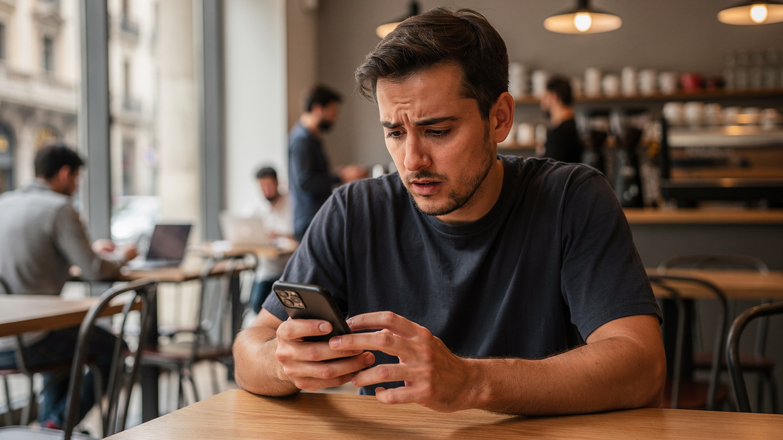 Un viaggiatore sta attento al suo smartphone, controllando l'attivazione della sua eSIM mentre è seduto in un caffè affollato vicino a Plaza Catalunya a Barcellona.