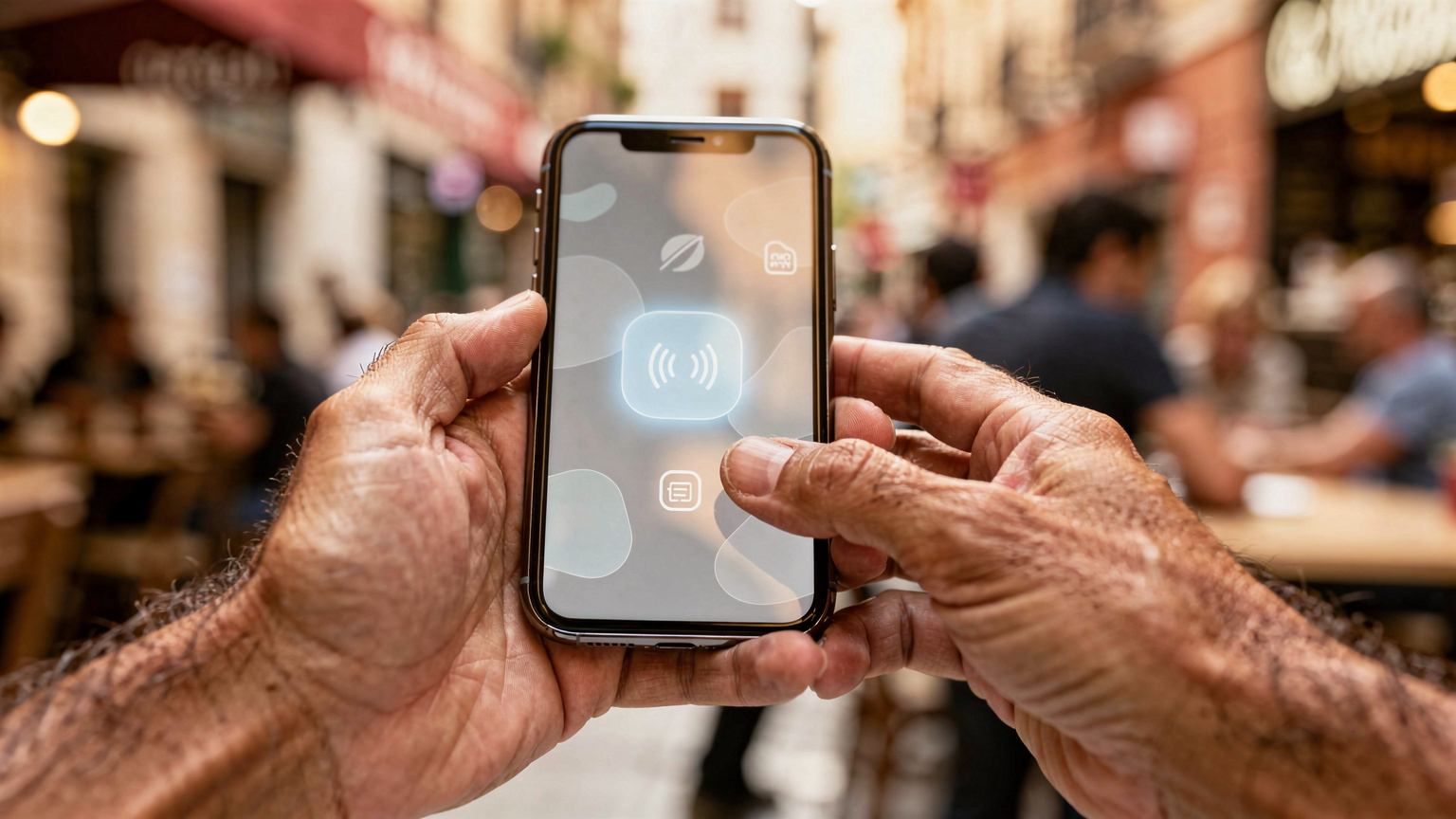 Un primo piano di mani che tengono uno smartphone con un'interfaccia di pagamento contactless, mentre un caffè affollato sullo sfondo suggerisce un ambiente urbano.