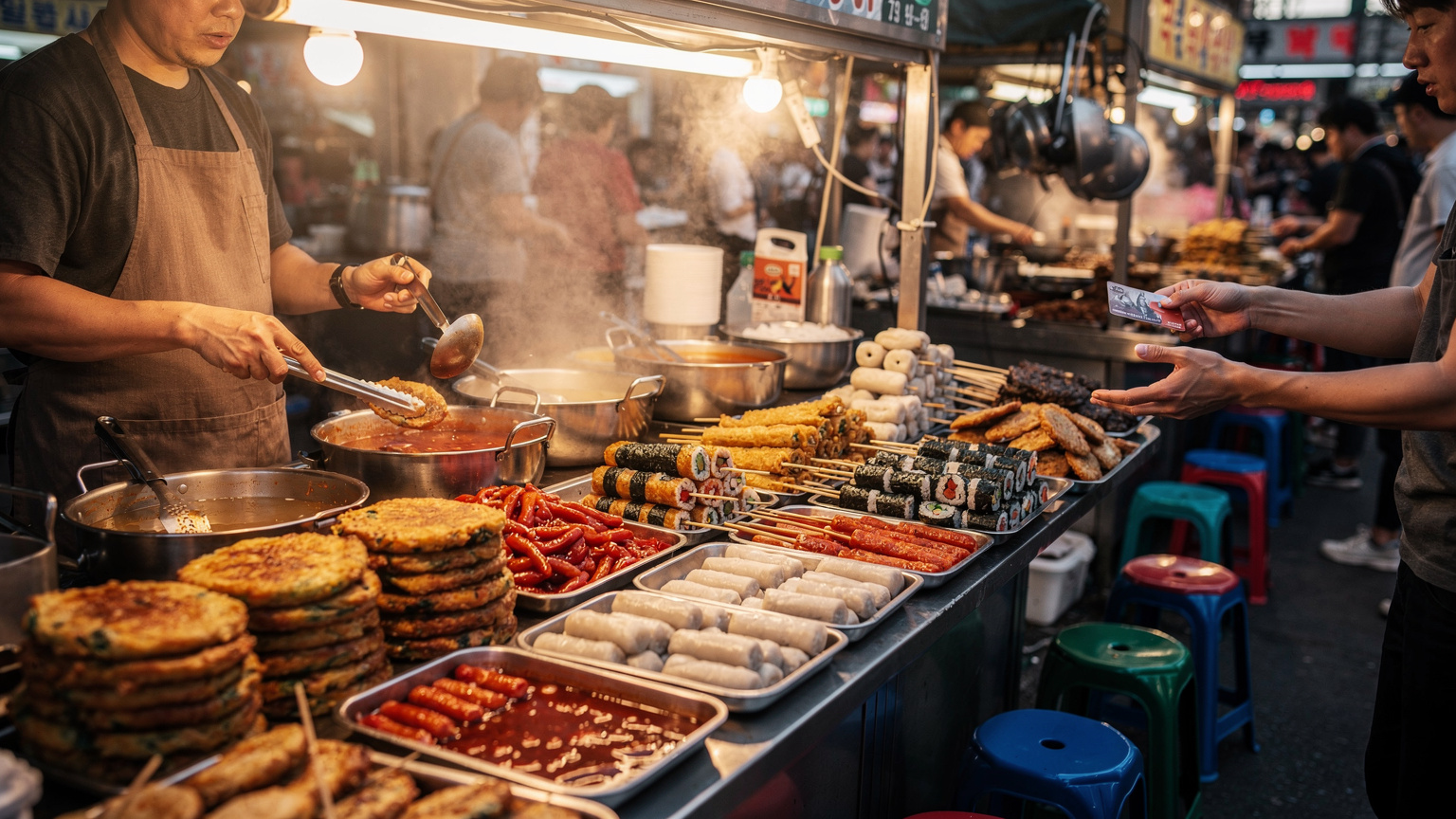 Puesto de comida callejera en el mercado de Gwangjang, Seúl, con una variedad de tteokbokki, odeng y otros manjares coreanos dispuestos en coloridos expositores.