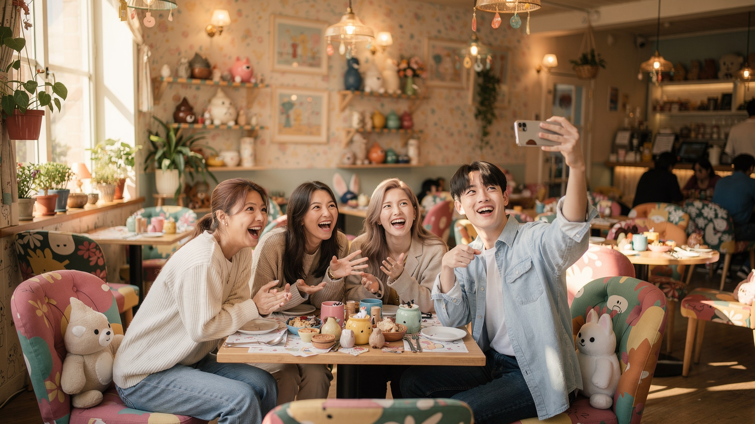 Un interior de café temático en el barrio de Hongdae, Seúl, decorado con muebles excéntricos y coloridos, con personas riendo y disfrutando de sus bebidas.