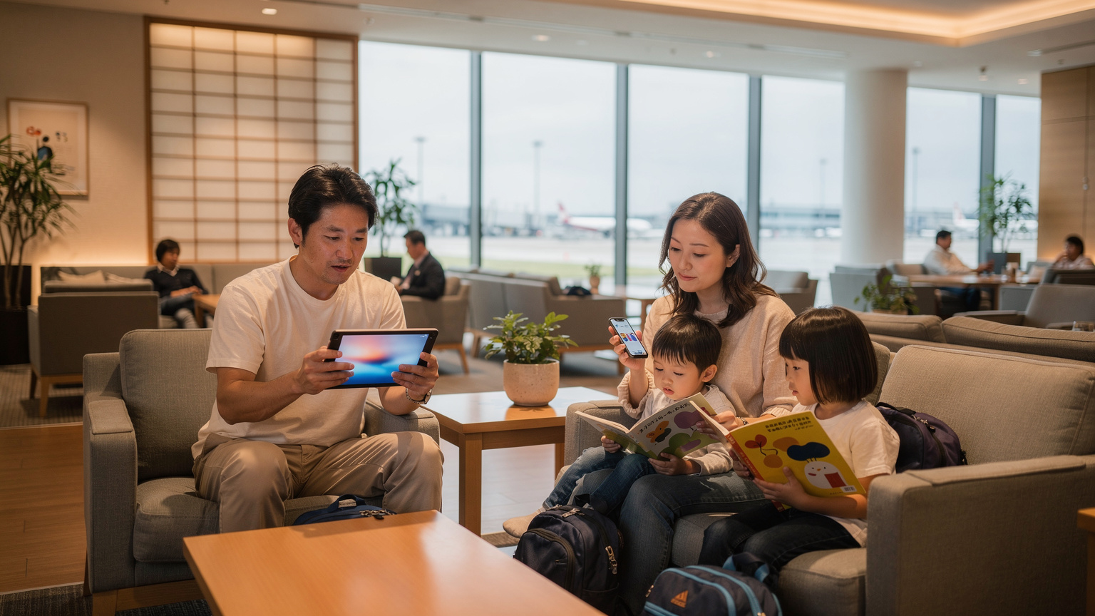 日本の空港ラウンジで、父親がiPadでフライト情報を確認し、母親がiPhoneのCellesimアプリでeSIMのデータ残量を確認している。子どもたちは絵本を読んでいる。