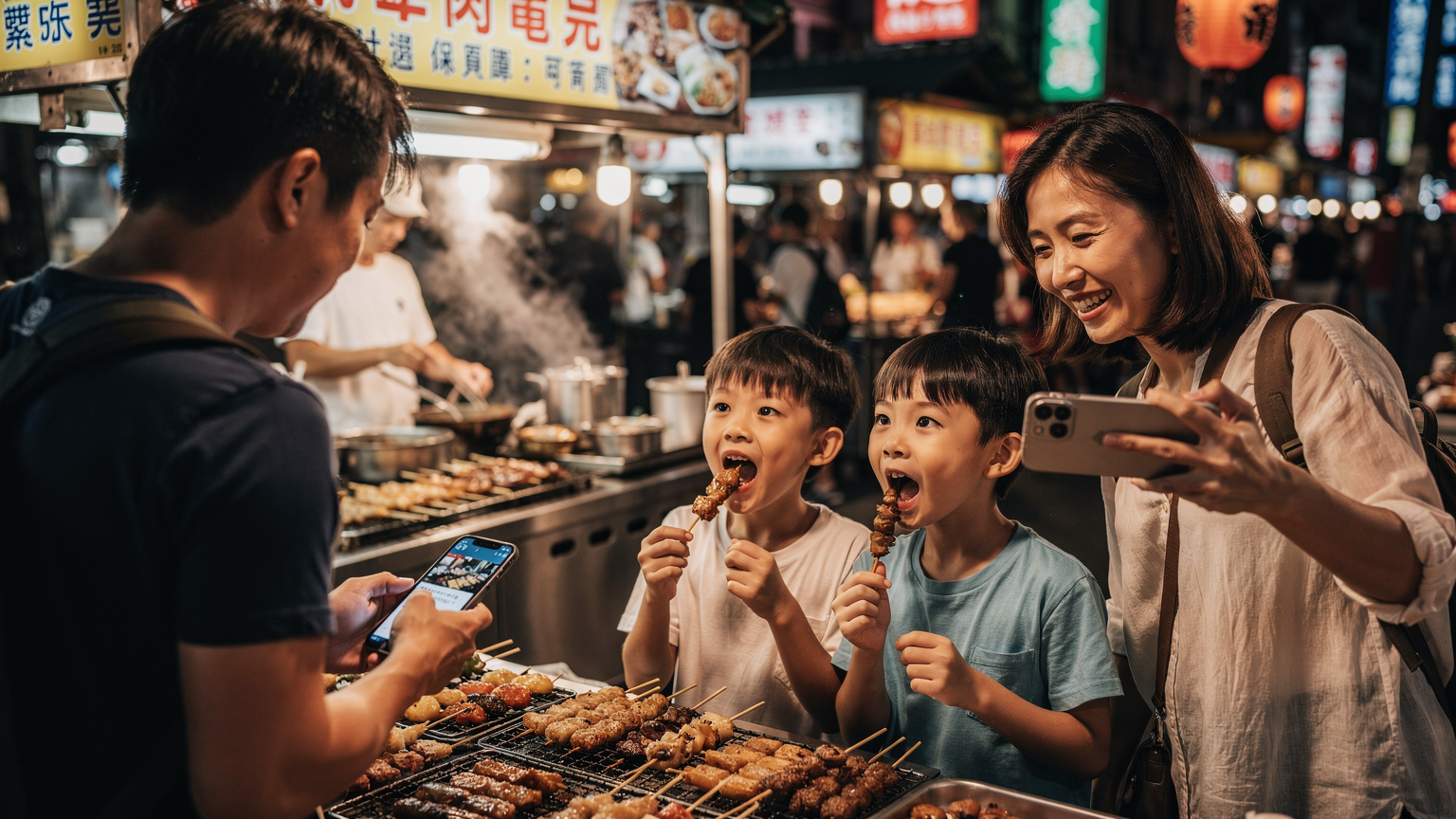 台湾の夜市で、家族が屋台料理を楽しんでいる。父親がスマホで翻訳アプリを使い、母親が子どもたちの楽しそうな様子をiPhone 18で撮影している。