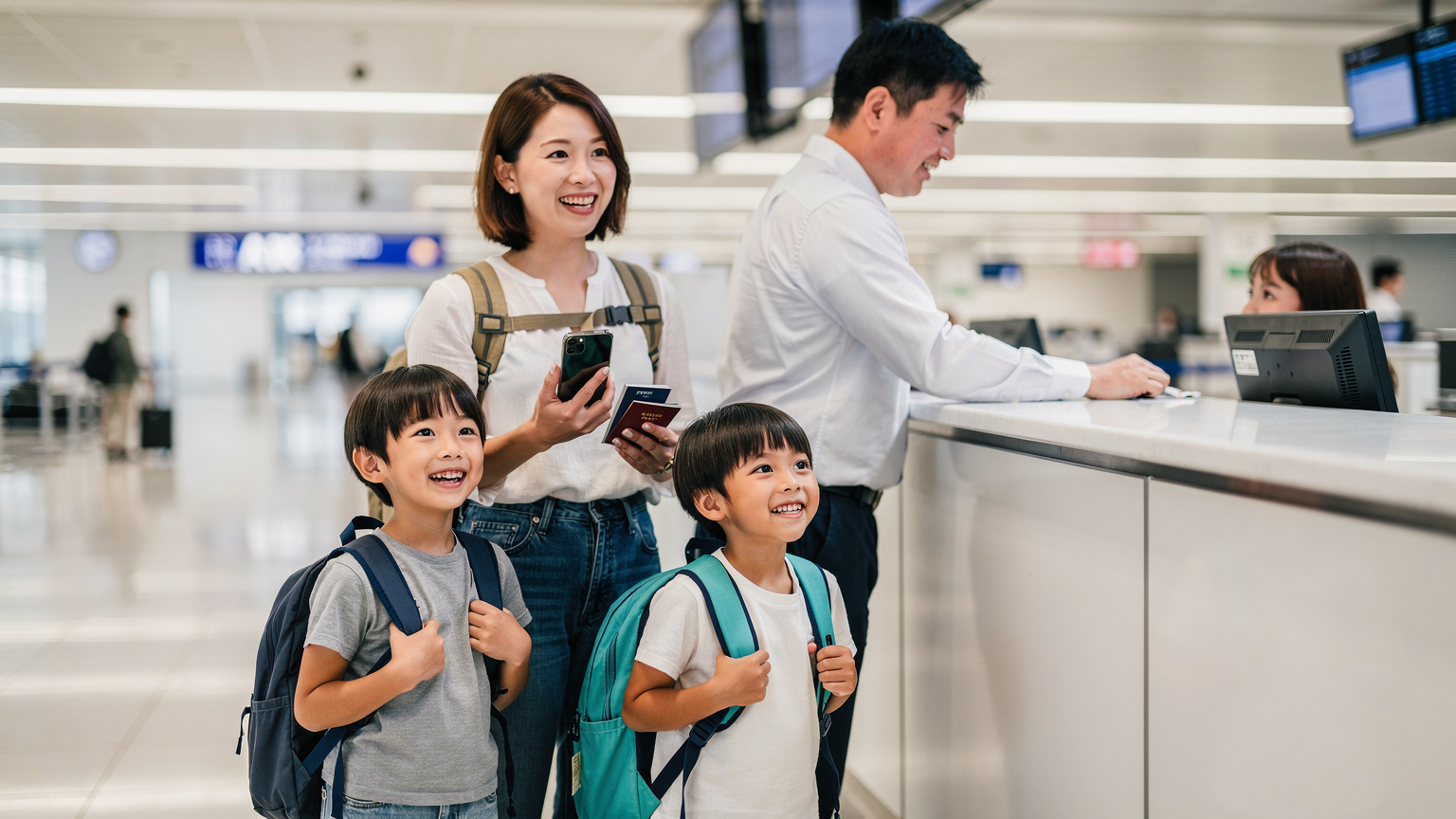 関西国際空港のチェックインカウンターで、家族全員がパスポートとiPhone 18を手に、笑顔で搭乗手続きをしている様子。