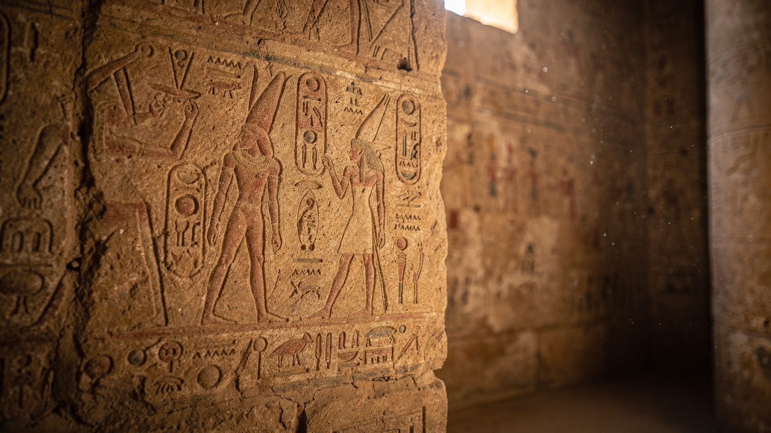 A close-up of an ancient hieroglyph carved into sandstone, showing detailed figures and symbols from the Kingdom of Kush in Sudan, bathed in soft desert light.