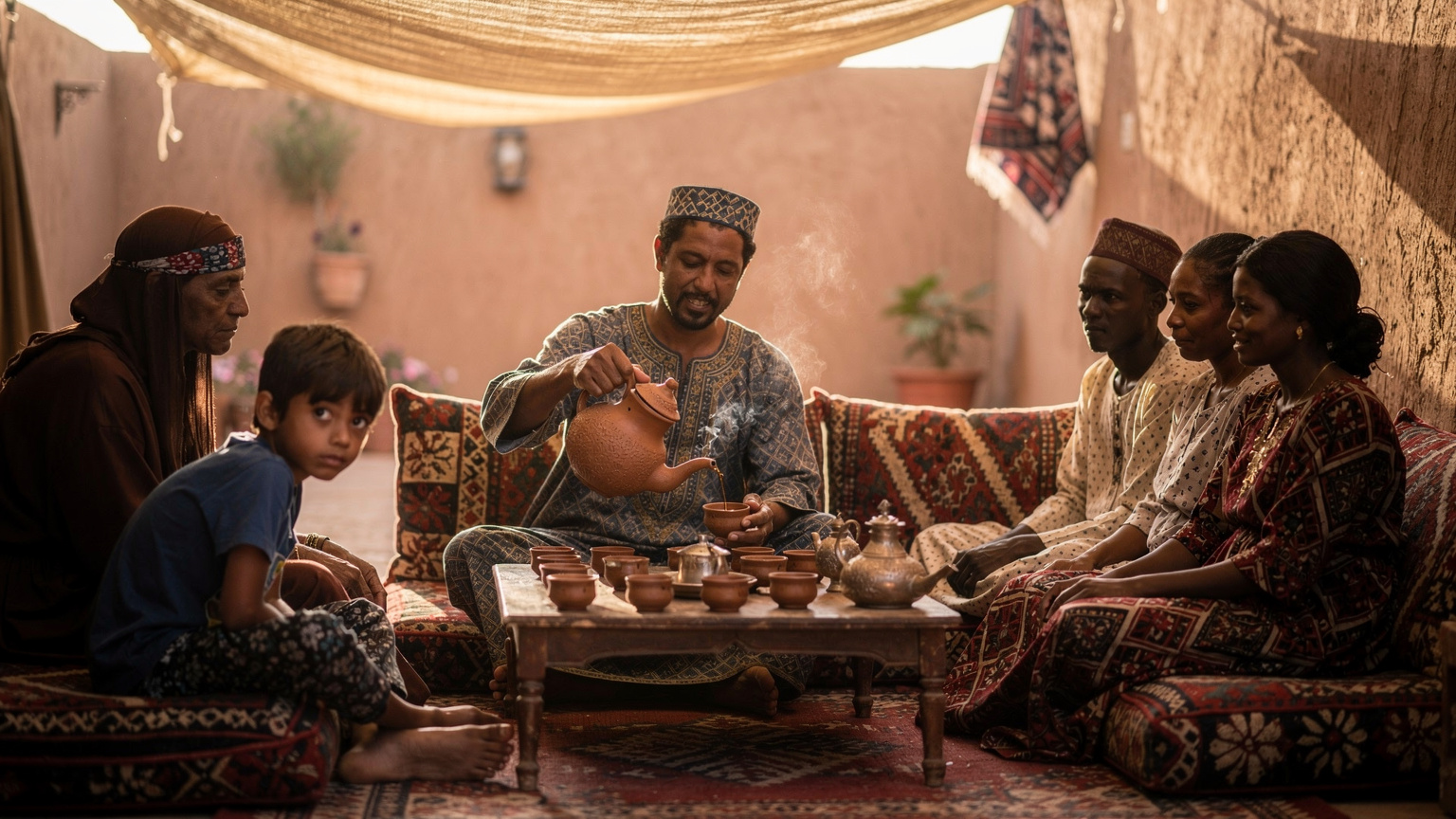 A traditional Sudanese coffee ceremony in progress, with a small group of people including a child, gathered around a jabana (clay pot) on a low table, enjoying coffee and conversation.