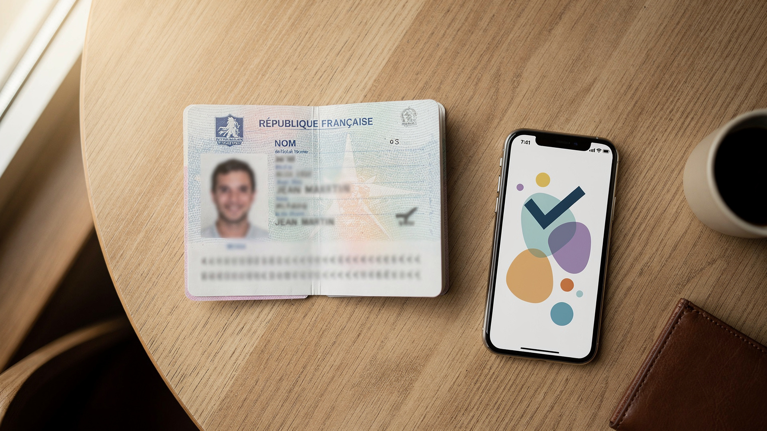 Un passeport français ouvert sur une table avec un smartphone affichant un écran de confirmation d'eSIM, une tasse de thé et des cartes de voyage, le tout disposé pour un départ imminent.