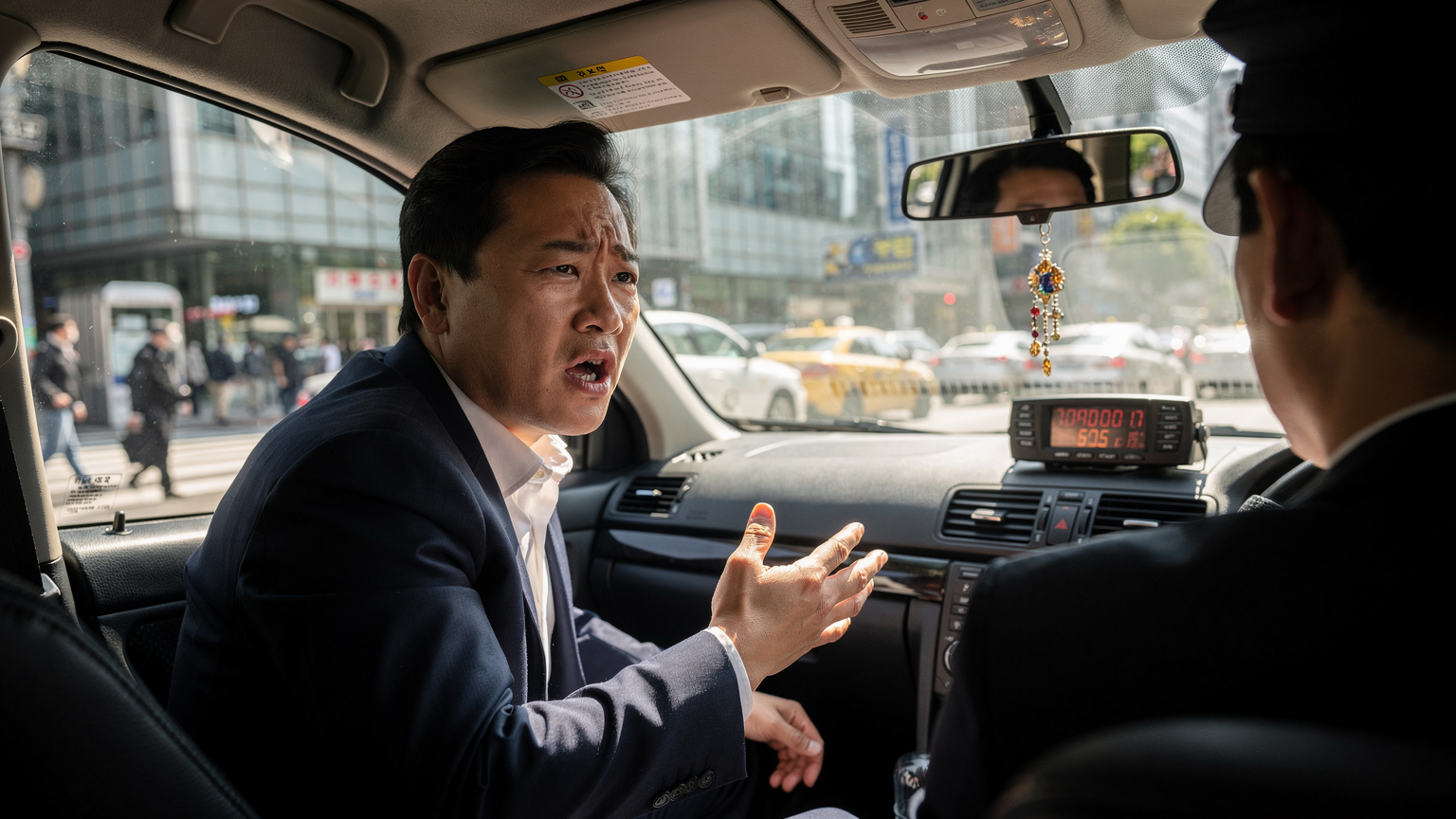 Un homme d'affaires coréen, visiblement agacé, tente de discuter avec un chauffeur de taxi qui semble peu coopératif, son compteur affichant un prix inhabituellement élevé.