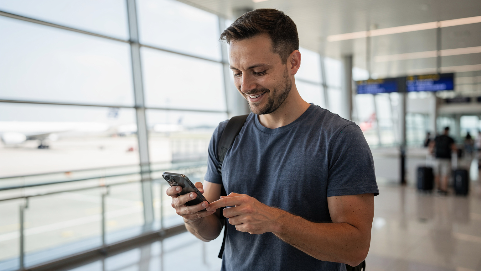 Un voyageur consulte son smartphone pour vérifier les instructions de son eSIM, une expression de soulagement sur son visage, après être arrivé à l'aéroport d'Incheon.