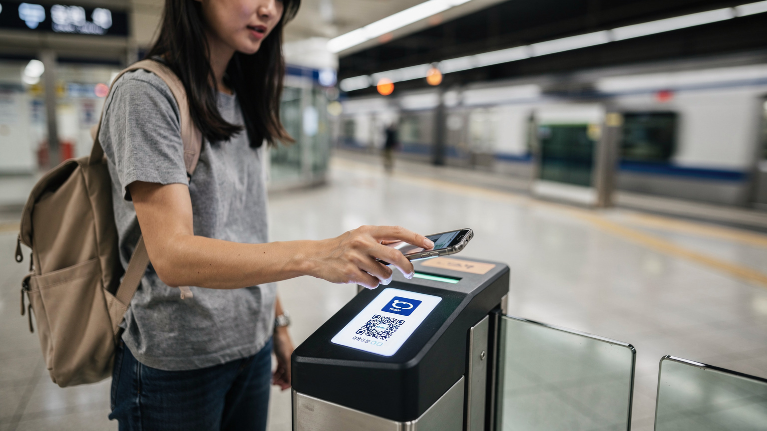 Une voyageuse utilise son téléphone pour scanner un code QR à l'entrée d'une station de métro de Séoul, le quai étant visible en arrière-plan.