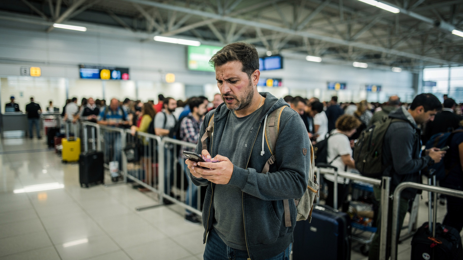 Un viajero con aspecto preocupado revisa su teléfono mientras espera en una larga cola en el control de pasaportes del aeropuerto de Madrid-Barajas, con otros pasajeros impacientes alrededor. La escena transmite frustración y la necesidad de conectividad.
