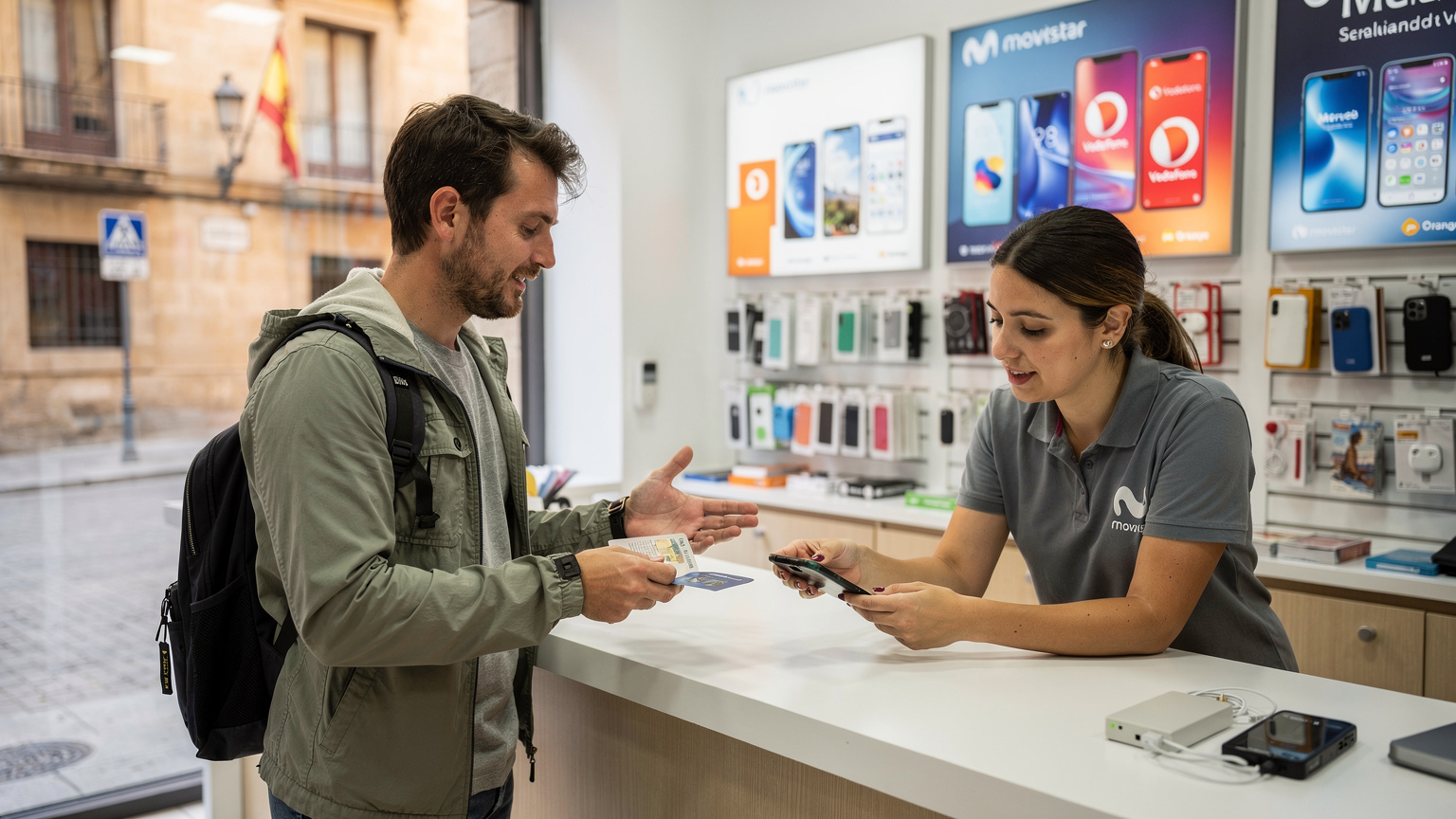 Un turista muestra su pasaporte y su teléfono en un mostrador de una tienda de telefonía en el centro de Sevilla, con un empleado sonriente detrás del mostrador. La tienda tiene carteles de ofertas y logos de operadores españoles.