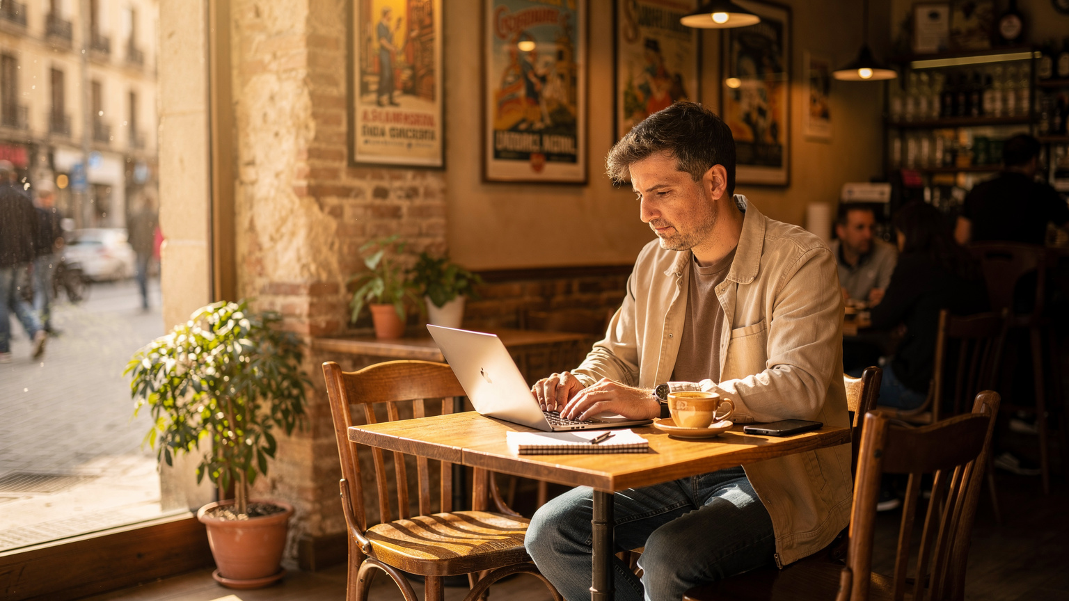 Un café acogedor en el barrio de Malasaña, Madrid, con una persona trabajando en su portátil y un teléfono al lado. La luz entra por un gran ventanal, creando un ambiente cálido y productivo.