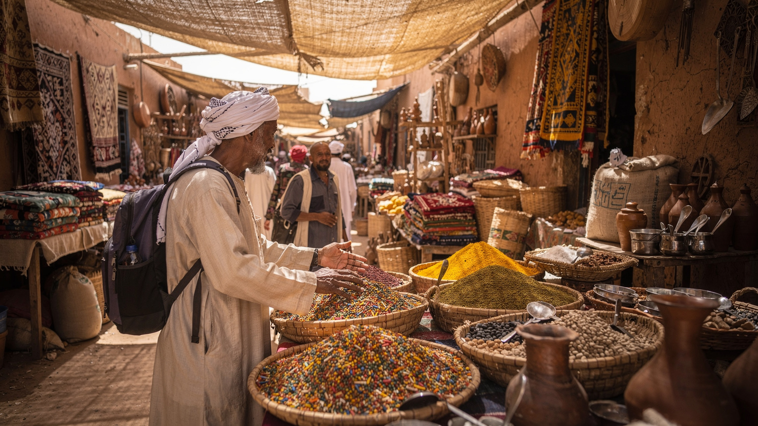 A traveler discreetly observes a lively negotiation for spices at a colorful stall in Omdurman Souk, learning local bargaining tactics.