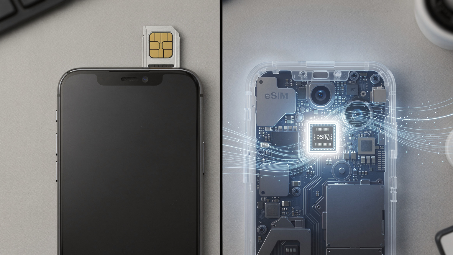 O ilustrație schematică comparând o cartelă SIM fizică cu un cip eSIM integrat într-un smartphone modern, cu pictograme de conectivitate globală.