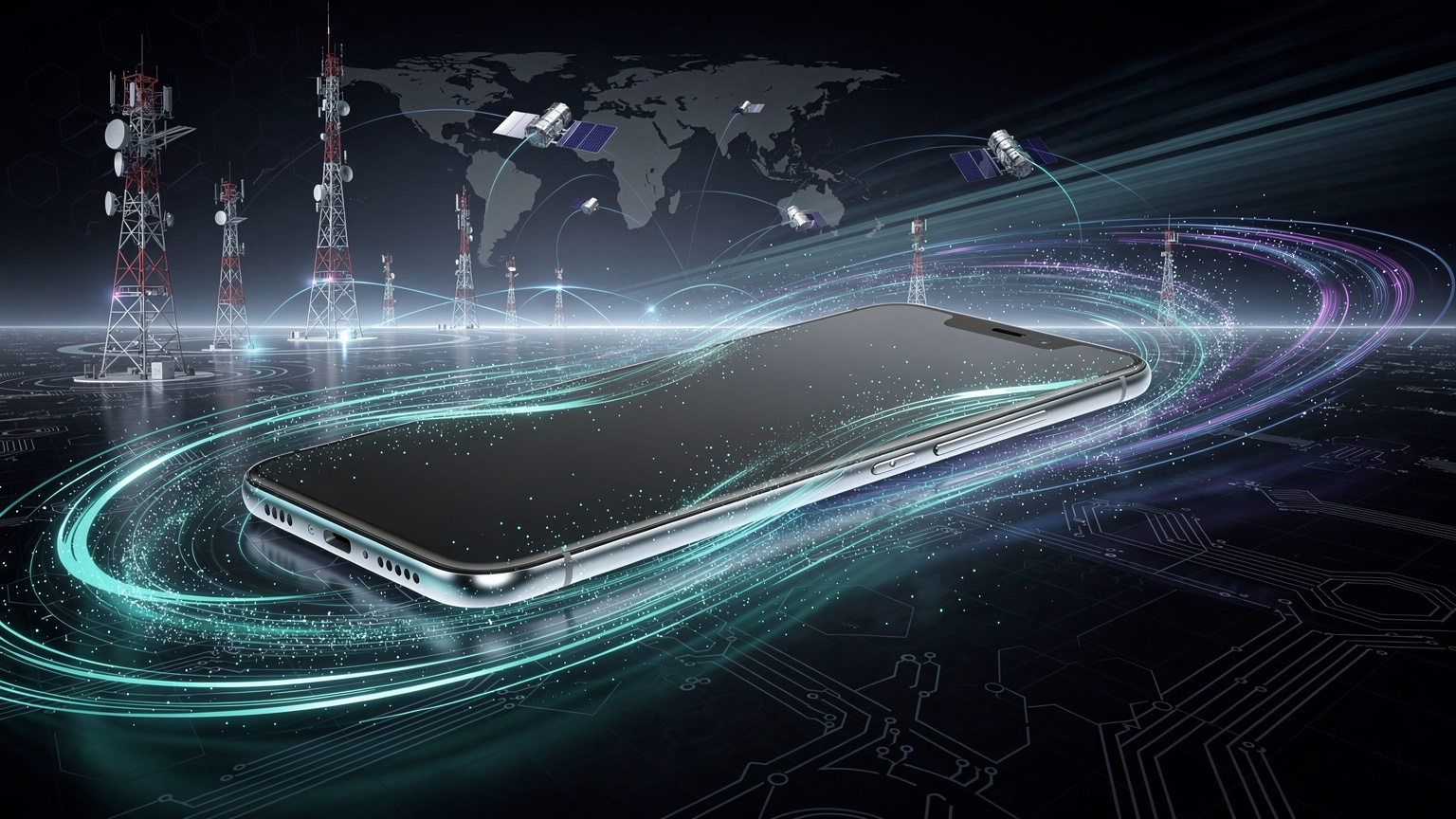 O ilustrație stilizată a unui smartphone conectat prin unde de date la o rețea globală de turnuri de comunicații și sateliți, simbolizând tehnologia eSIM și conectivitatea 5G.