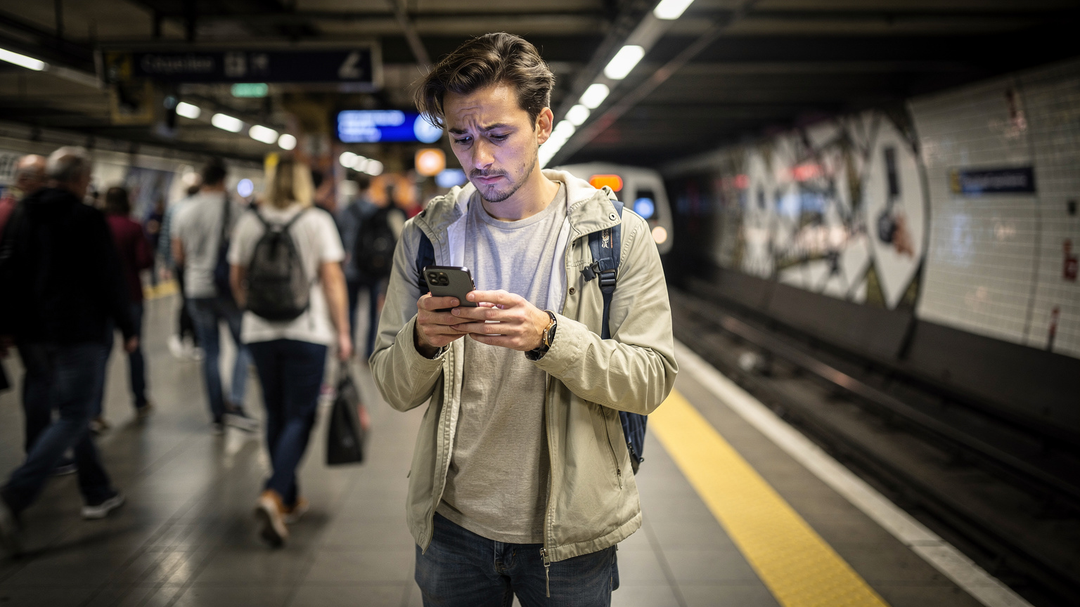 Un călător cu un rucsac, arătând semne de îngrijorare, privește ecranul telefonului într-o stație de metrou aglomerată din Paris, cu fundalul estompat de oameni în mișcare.
