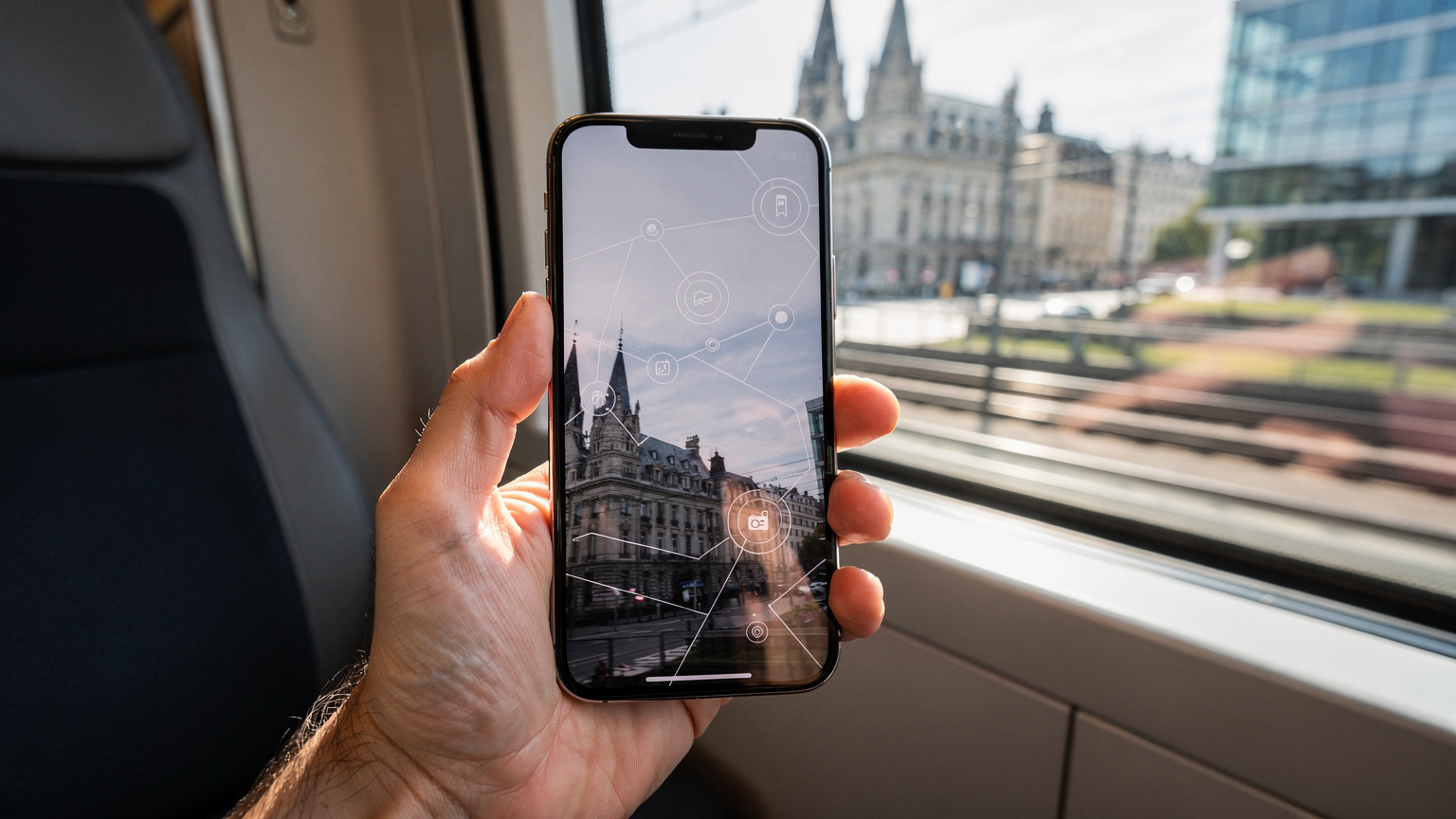 O mână ține un smartphone care afișează setările rețelei mobile, cu o fereastră de tren care arată un peisaj urban european în mișcare, indicând conectivitate mobilă în tranzit.