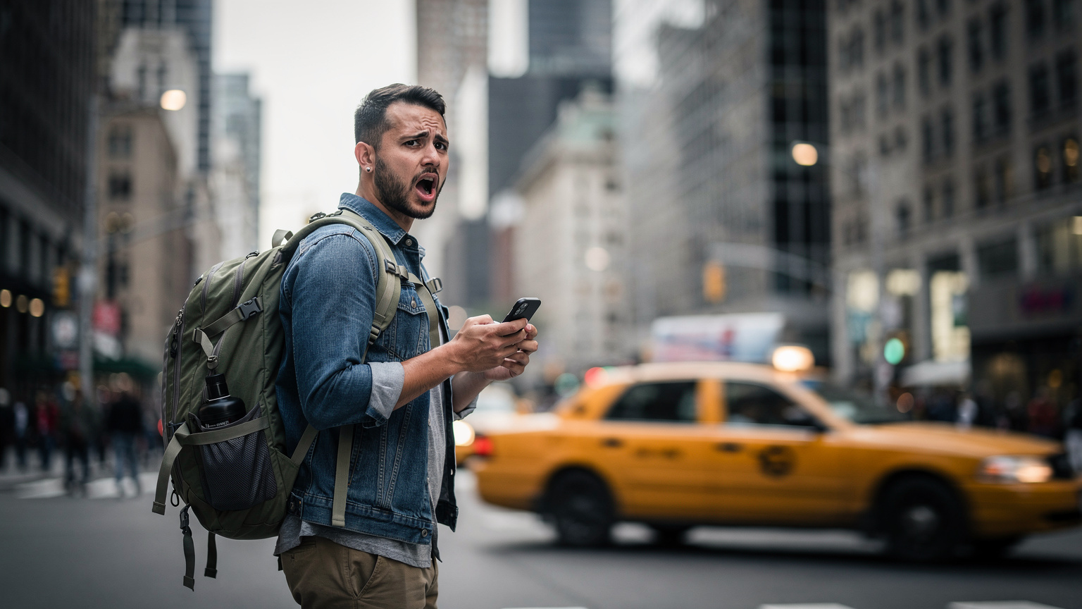 Un turista con uno zaino guarda perplesso lo schermo del suo smartphone in una strada trafficata di New York, con i grattacieli di Manhattan e un taxi giallo sullo sfondo, indicando un problema di connessione.