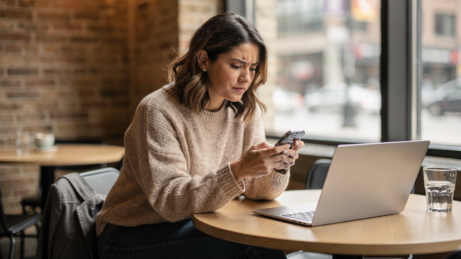 Una donna dai capelli scuri, vestita in modo casual, siede in un caffè moderno a Chicago con un laptop aperto e uno smartphone in mano, mentre verifica il suo consumo di dati. Il tavolo è in legno chiaro e sullo sfondo si intravede una parete in mattoni e finestre che danno sulla città.