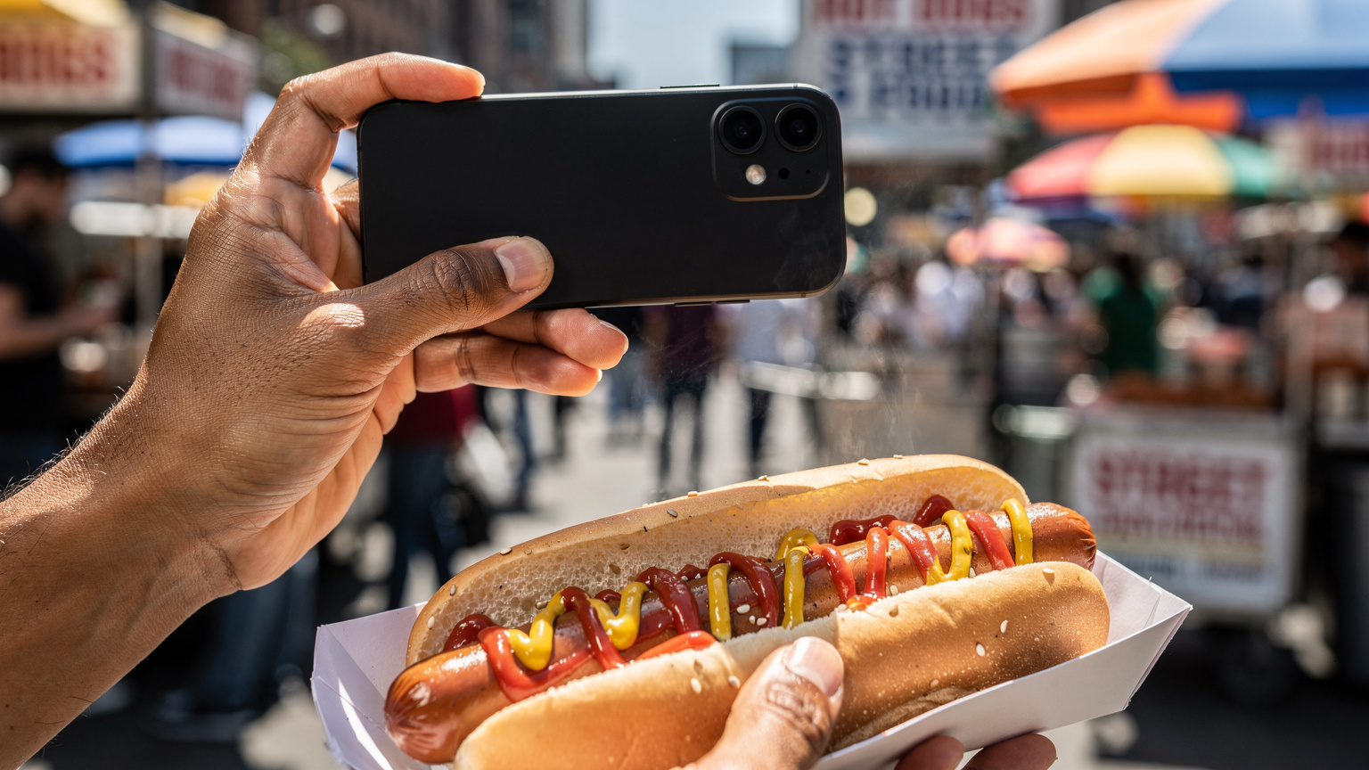Un primo piano delle mani di una persona che tiene uno smartphone, mentre sta per scattare una foto di un hot dog newyorkese con senape e ketchup, in un mercato all'aperto affollato con bancarelle sullo sfondo.