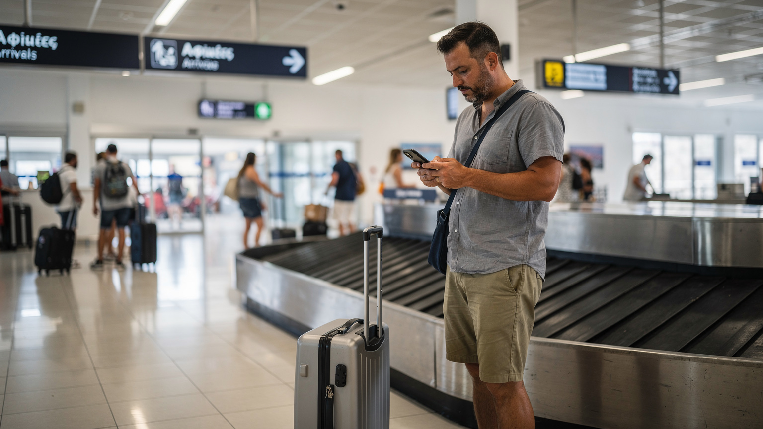 Un viajero consulta su teléfono mientras espera su equipaje en el bullicioso aeropuerto de Mykonos, con carteles de bienvenida en griego e inglés.