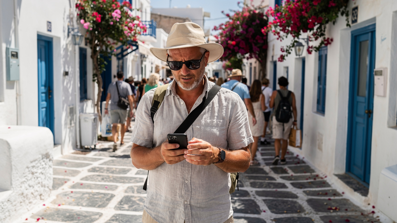 Un turista frustrado en una calle concurrida de Chora, Mykonos, mirando su teléfono con poca señal o sin datos, buscando una solución en un día soleado.